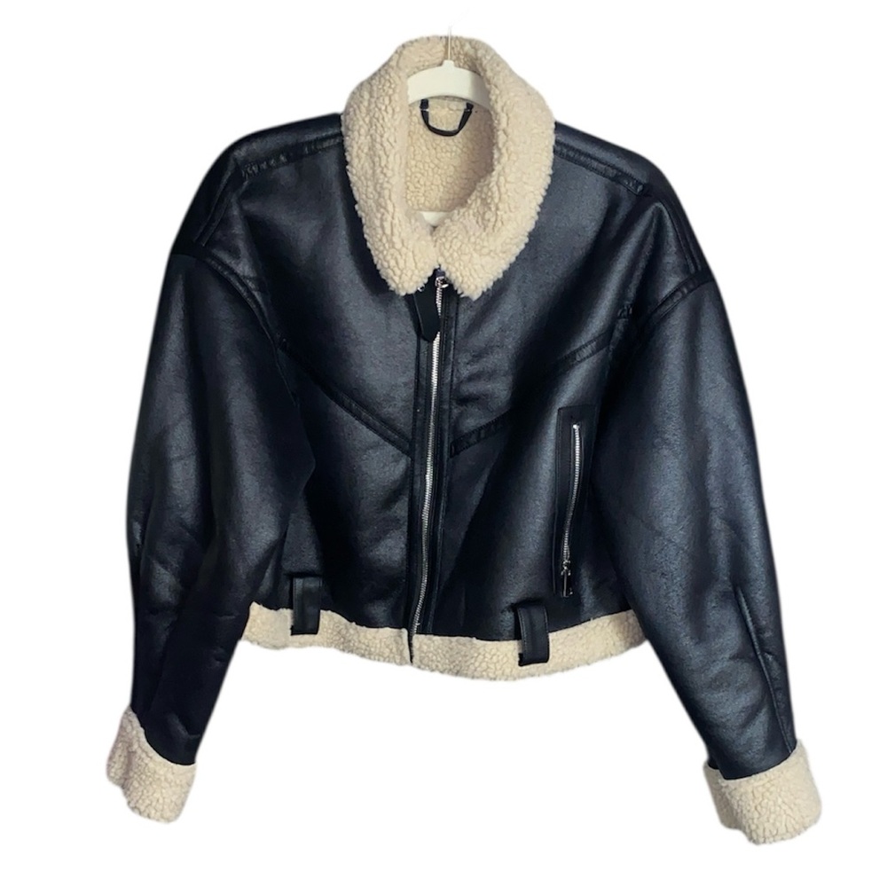 NWOT Black/Tan Faux Leather Faux Fur Crop Jacket, Size XL (Fits like a M/L) - Picture 4 of 6